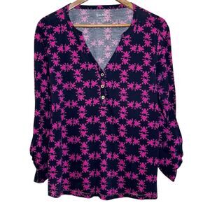 Lilly Pulitzer XL Janelle Get Hoppy Frog Print Roll Tab Sleeves Henley Shirt